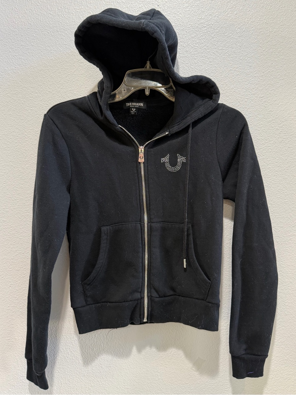 True Religion Black Rhinestone Horseshoe Zip Hoodie